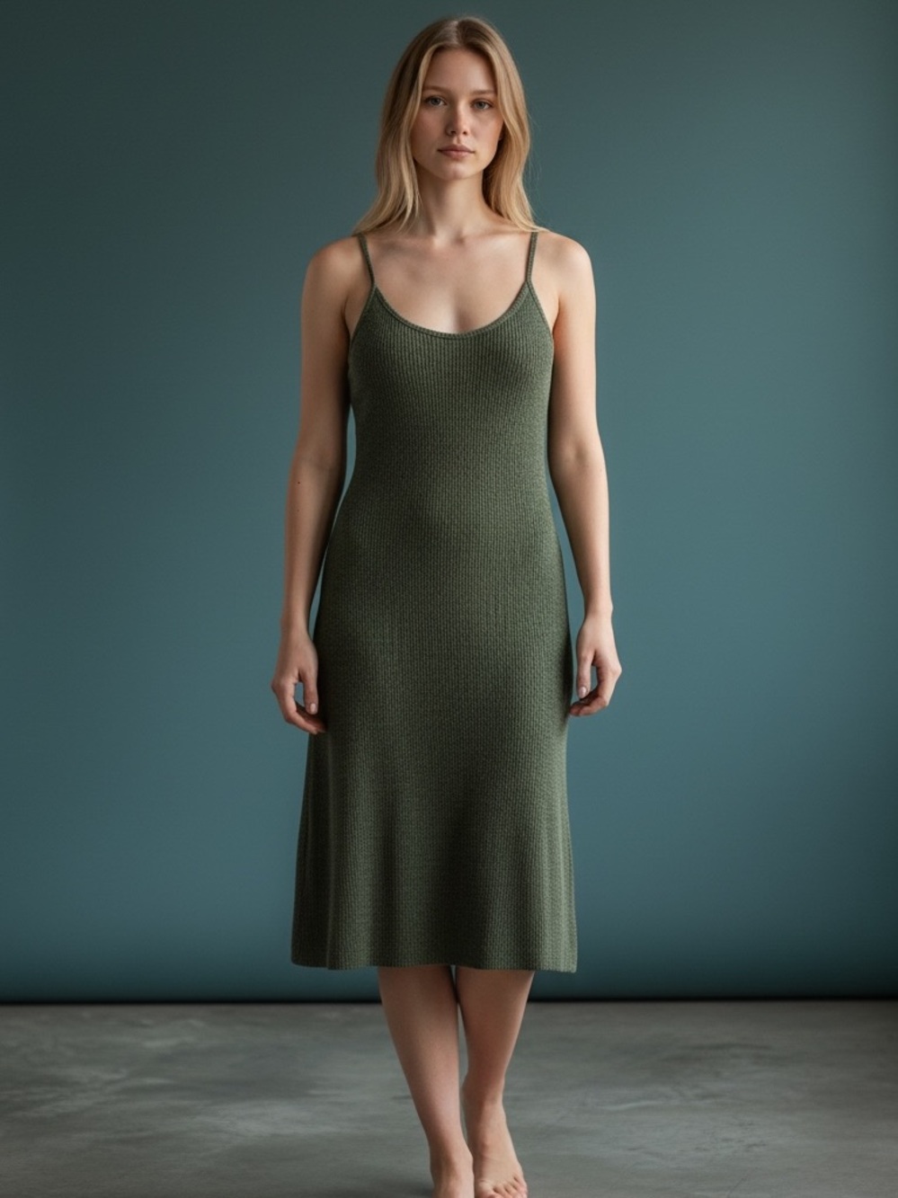 Lime N Chili Olive Green Ribbed Knit Slip Dress